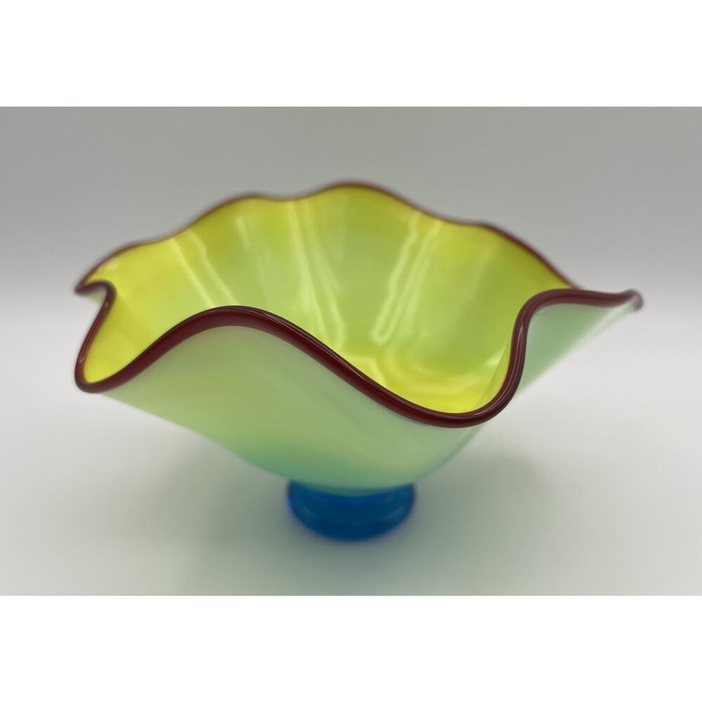 Vintage Rick Strini Ruffle Art Glass Bowl Blue & Yellow w Red Rim 7.5” Signed